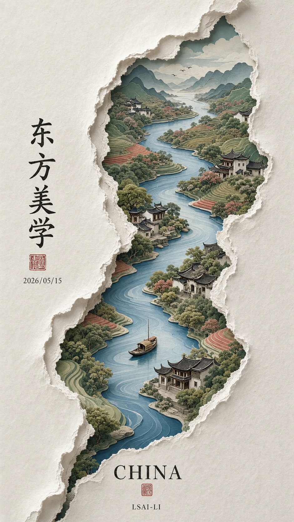 撕纸东方山水长幅
